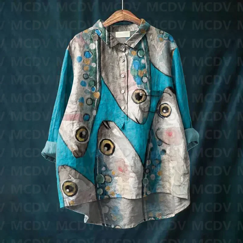 Vintage Lovely Fish Art Print Women's Casual Lapel Blouse