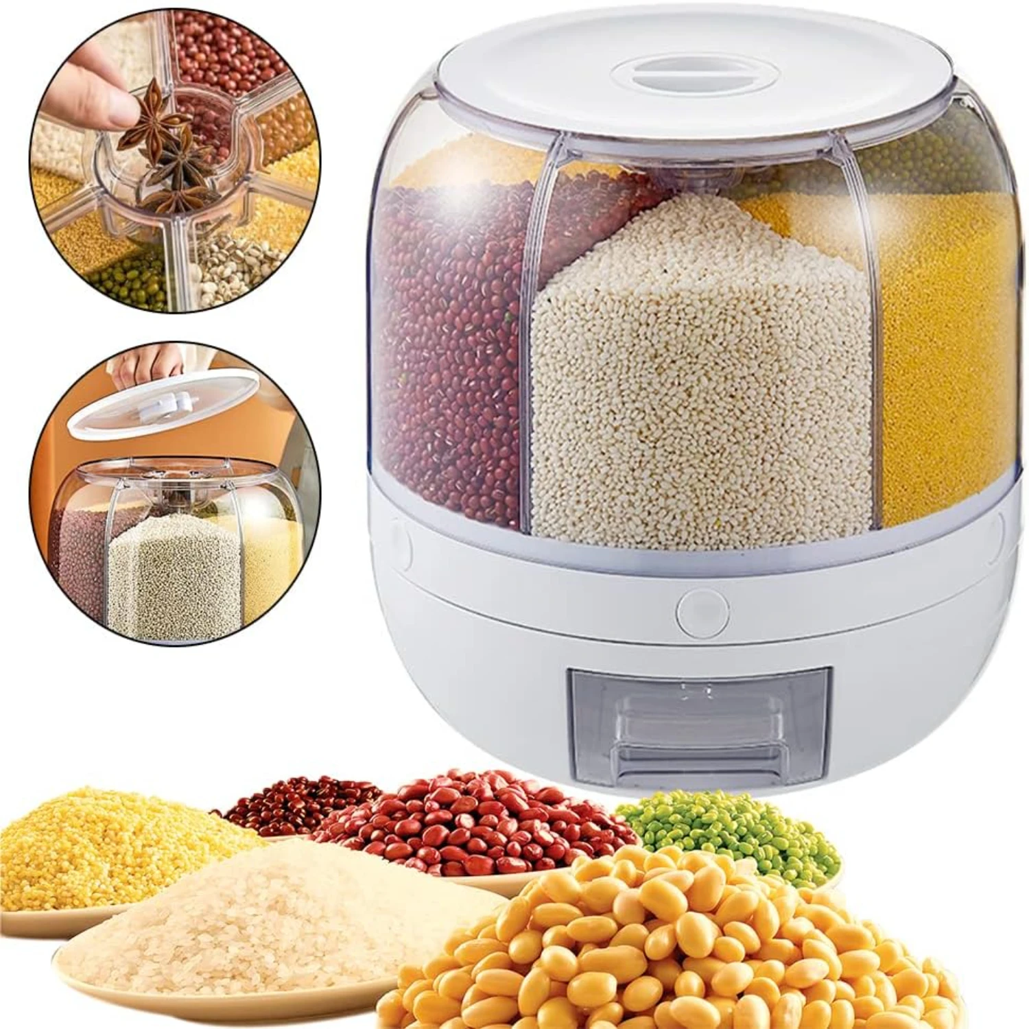 Efficient and convenient, the Streamlined Large Capacity 6-in-1 Rotating Dry Food Box is a high-capacity cereal dispenser that h