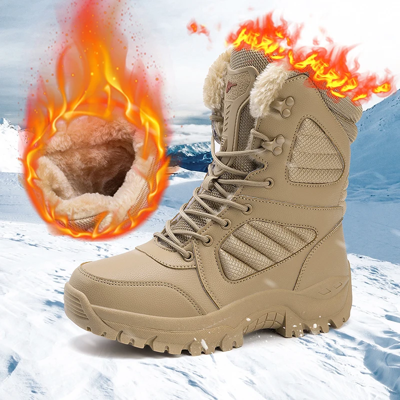 Men's plus size winter warm plush snow boots outdoor jungle training boots high-top non-slip hiking boots desert boots work shoe