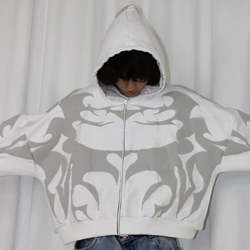 

2024 Autumn/Winter Y2K Long Sleeve Zipper Hoodie Trendy Personalized Pullover Retro Stripe Printed Street Trendy Sweater