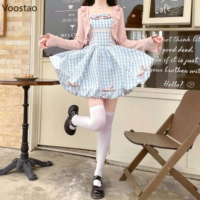 Japanese Kawaii Lolita Style Dress Set Women Sweet Crop Cardigan Tops Bow Plaid Strap Dresses Suit Elegant Y2k Two Piece Sets