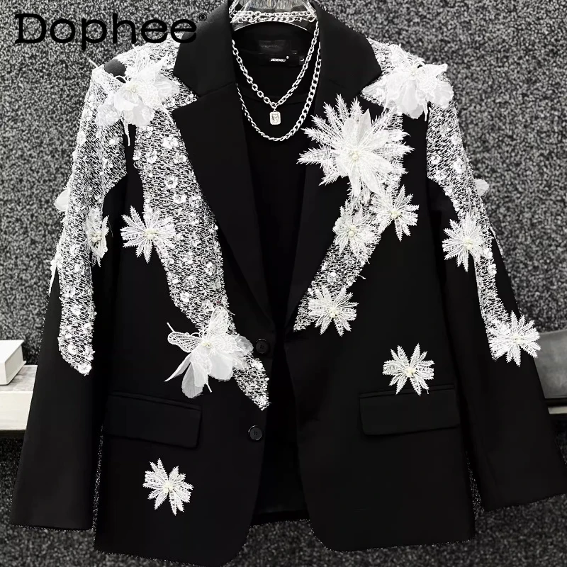 

2026 Spring Autumn New High-End Embroidered Sequin Suit Jacket Men Lace Floral Performance Blazers Contrast Color Tailored Coats