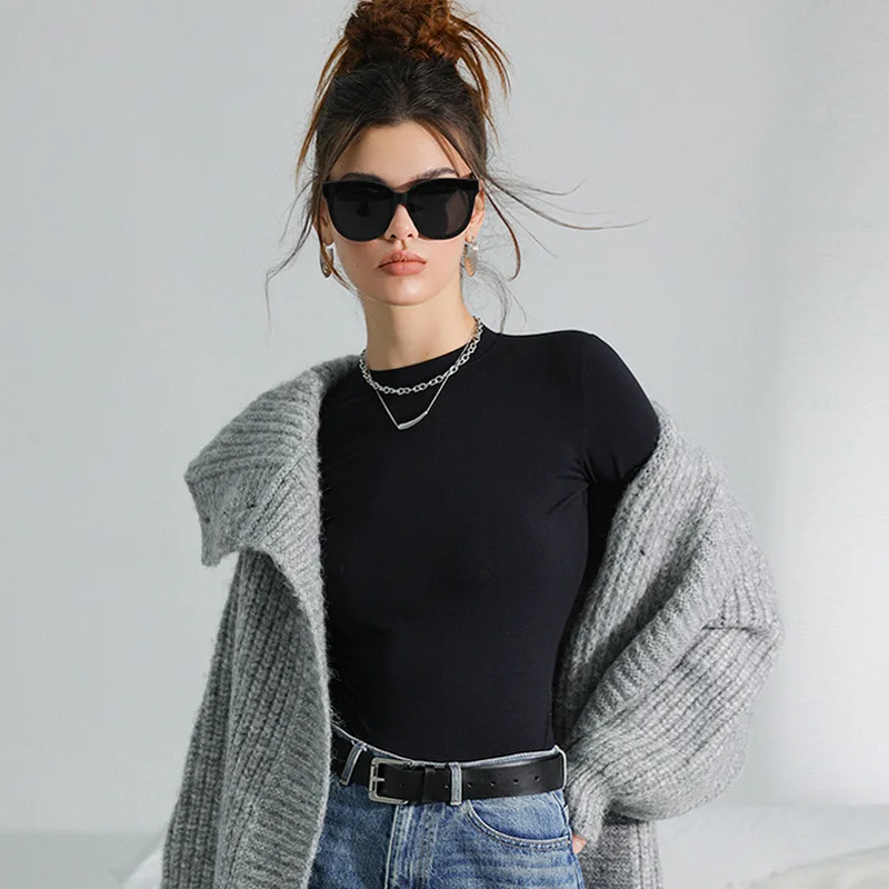 

Однотонные модальные нижние рубашки с круглым вырезом, женские осенне-зимние мягкие теплые черные базовые футболки для женщин, повседневные футболки с длинными рукавами