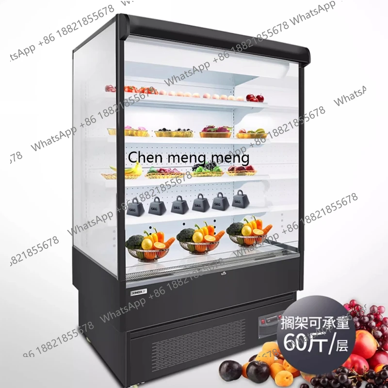 Lemari pendingin display dengan tirai udara untuk menjaga kesegaran buah, sayur, dan yogurt. Lemari pendingin komersial. Freezer vertikal.