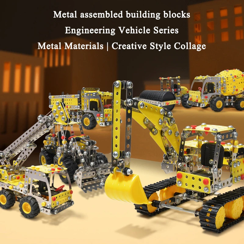 3D Metal Building Block Assembly Modelo, escavadeira, caminhão basculante, guindaste, DIY, simulação Parafuso, porca, carro de engenharia, brinquedo para menino, presente