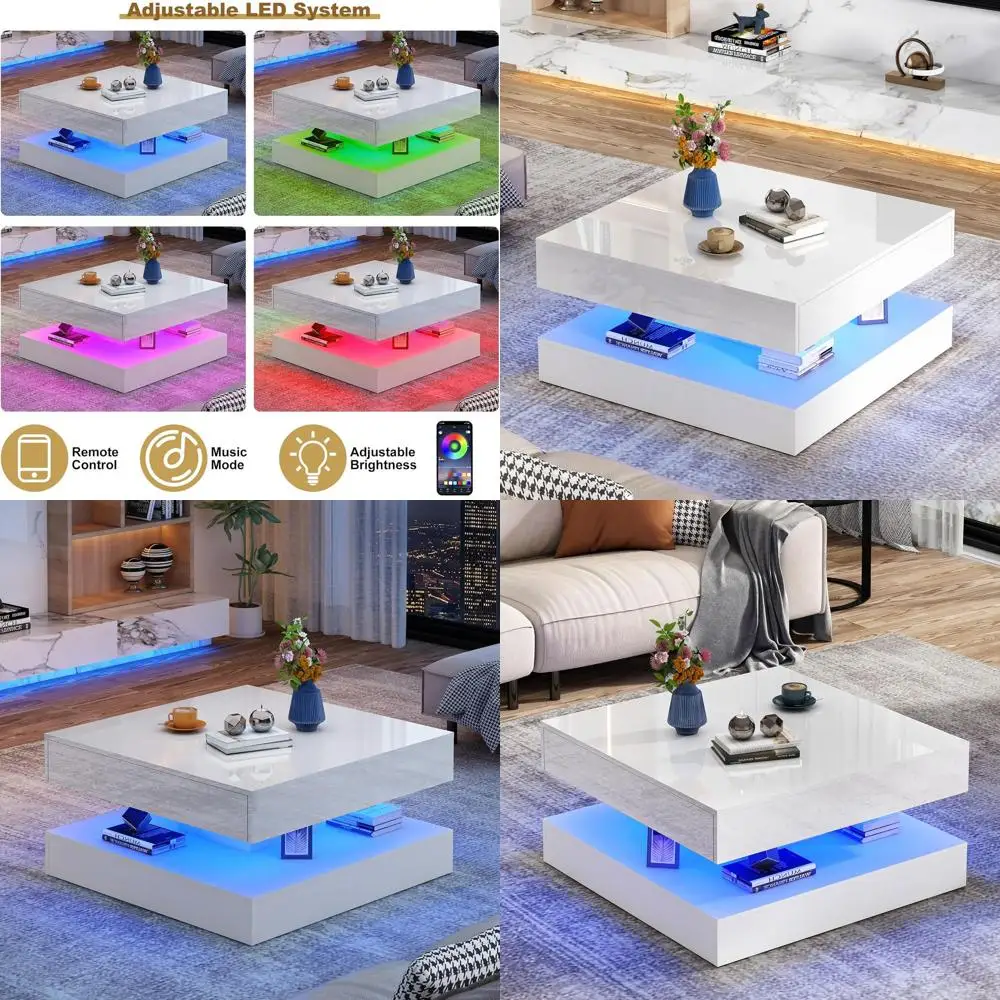 

Большой квадратный LED-столик для кофе с местом для хранения, глянцевый белый стол для гостиной, 2 ящика, двухуровневая конструкция для дома или офиса