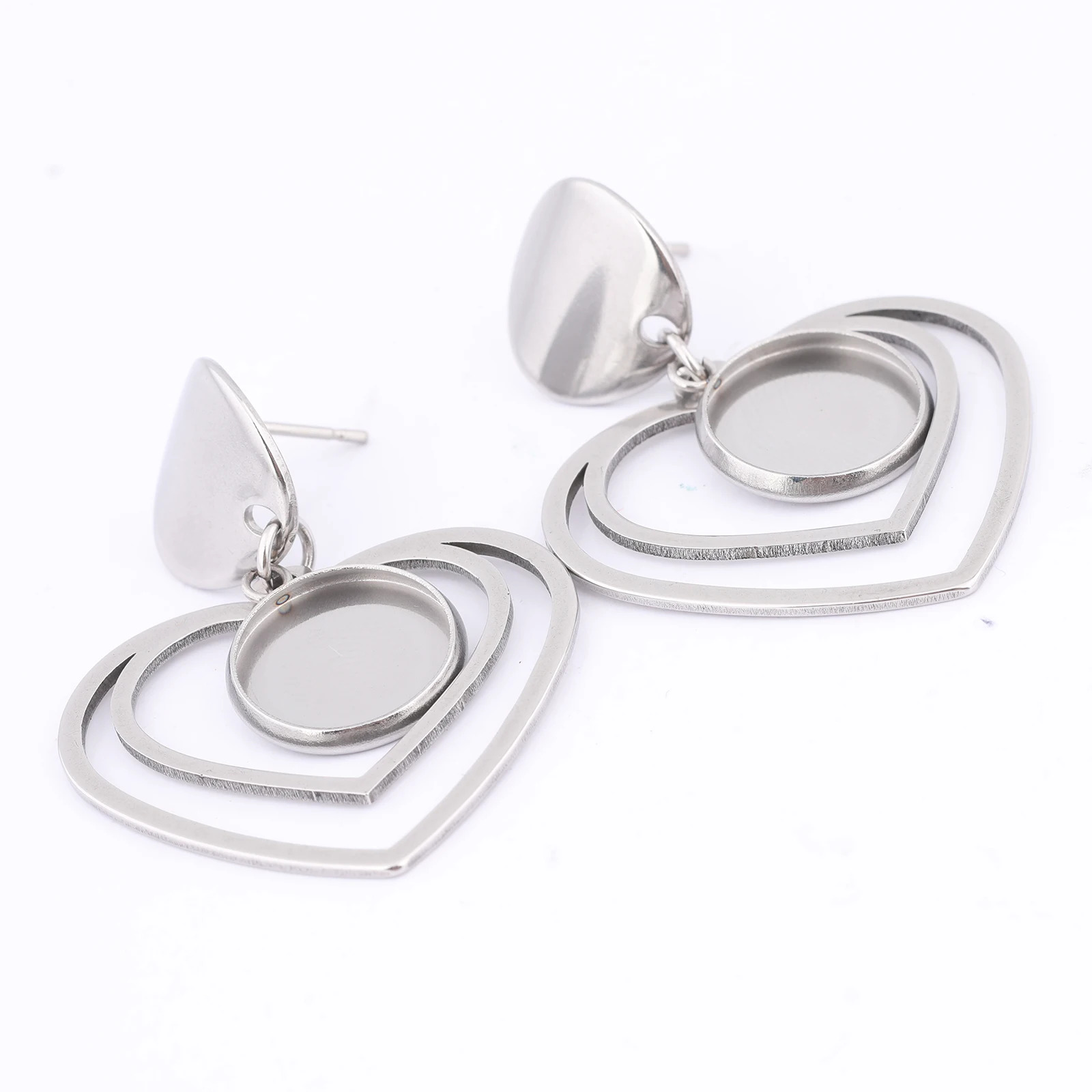 10pcs Stainless Steel Fit 12mm Cabochon Earring Base Setting Blanks With Heart Hoop Diy Post Ear Findings For Jewelry Making