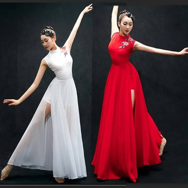 Китайская танцевальная одежда для взрослых и девочек, Классический танцевальный костюм, белое длинное шифоновое платье, лирический костюм, женский костюм для выступления, 12581