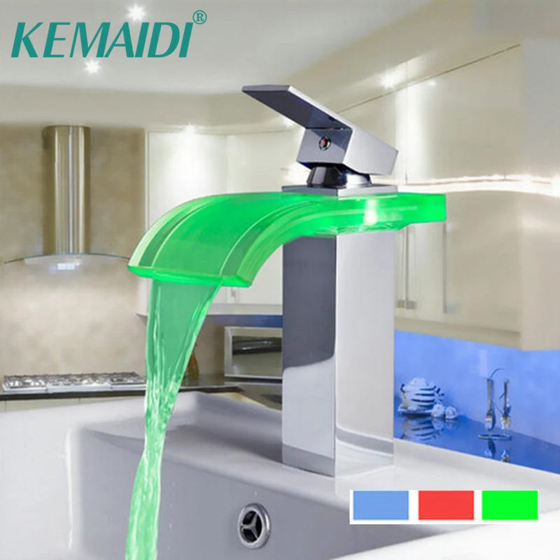 

KEMAIDI Bathroom Basin Faucet LED Waterfall Wash Sink Mixer Chrome Tap Faucet Deck Mounted Hot Cold Water Basin Tap