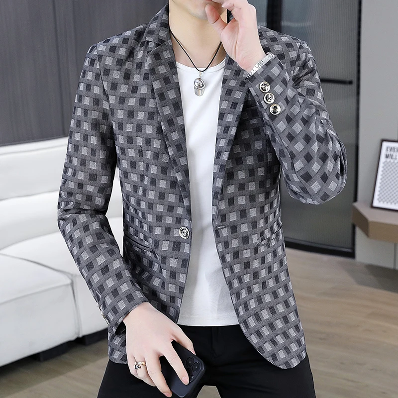 

2026 Spring Autumn Men's Suit Jacket Korean Checkered Suit Jackets Slim Fit Fashion Casual Business Formal Blazers Costume Homme