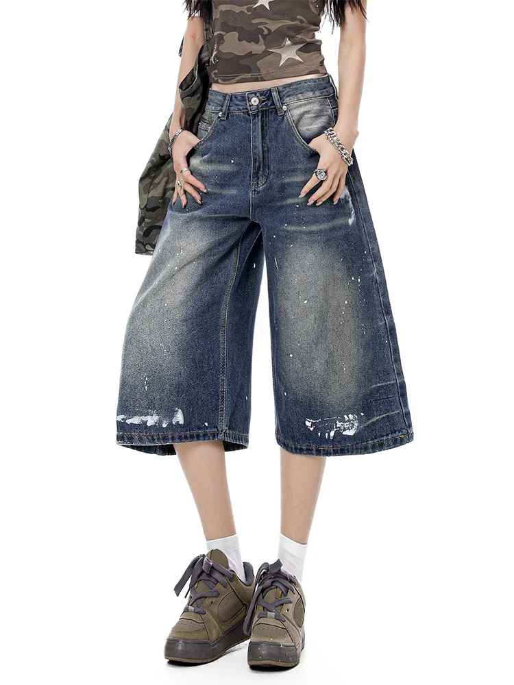 Retro American Splashed Ink Design Wide Leg Jeans Women's Summer Loose Slimming Concealing Seven-Foot Pants High Waist Denim