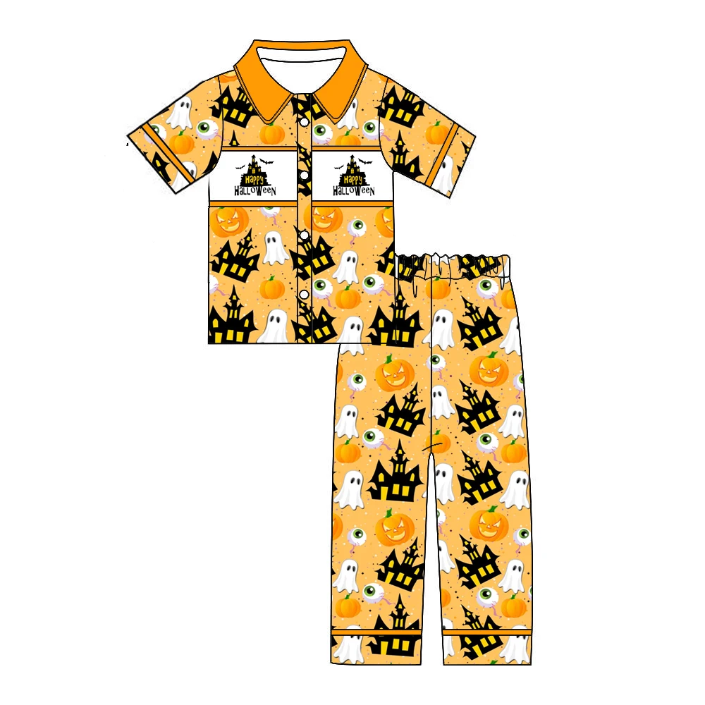 Boutique children's suit short-sleeved elastic ghost pumpkin house print trousers girls boys trousers pajama set Halloween