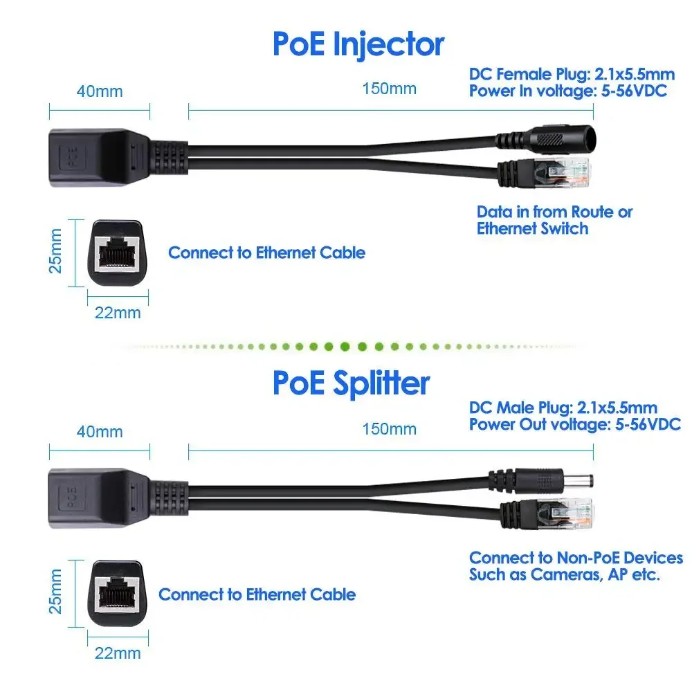 1 para rozdzielacz POE przełącznik POE kabel adaptera POE taśma ekranowana 5V 12V 24V 48V kabel zasilający 5.5*2.1mm