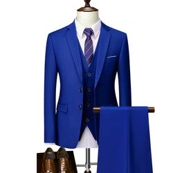 Men Business 3 Pieces Suits Sets / Male Groom Wedding Banquet Solid Color High End Custom Large Size Brand Blazers Jacket Coat