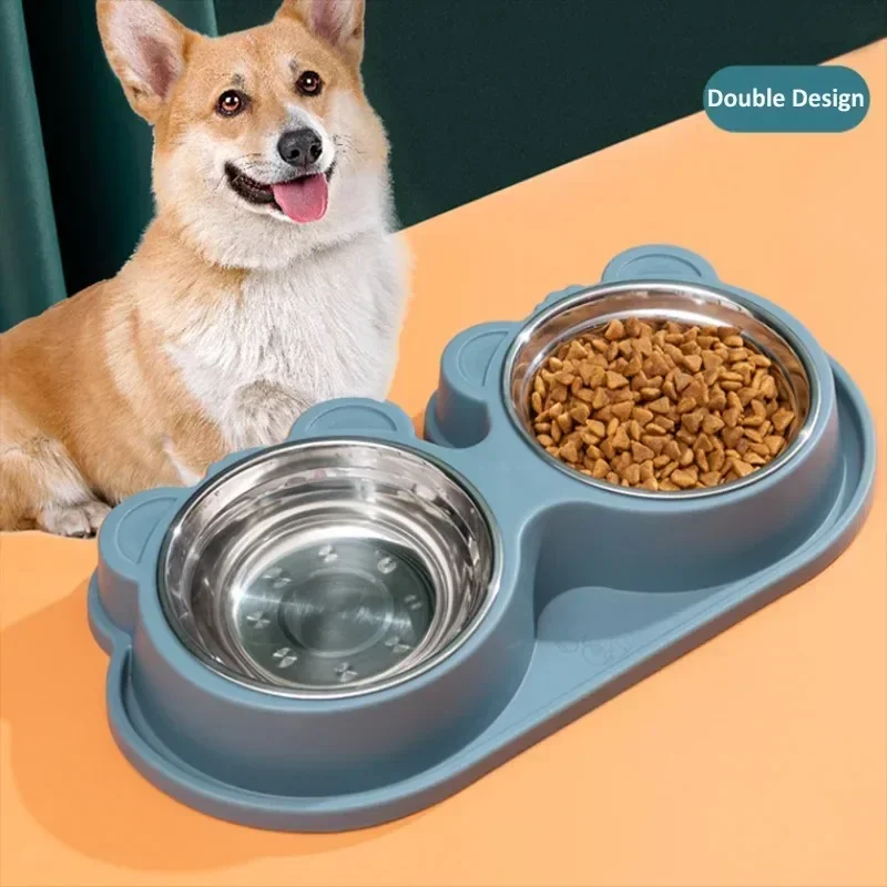 Double Dog Bowls DWater and Food  Stainless Steel Preventing Overturning Pet Feeder Puppy Medium cat bowl dog food container