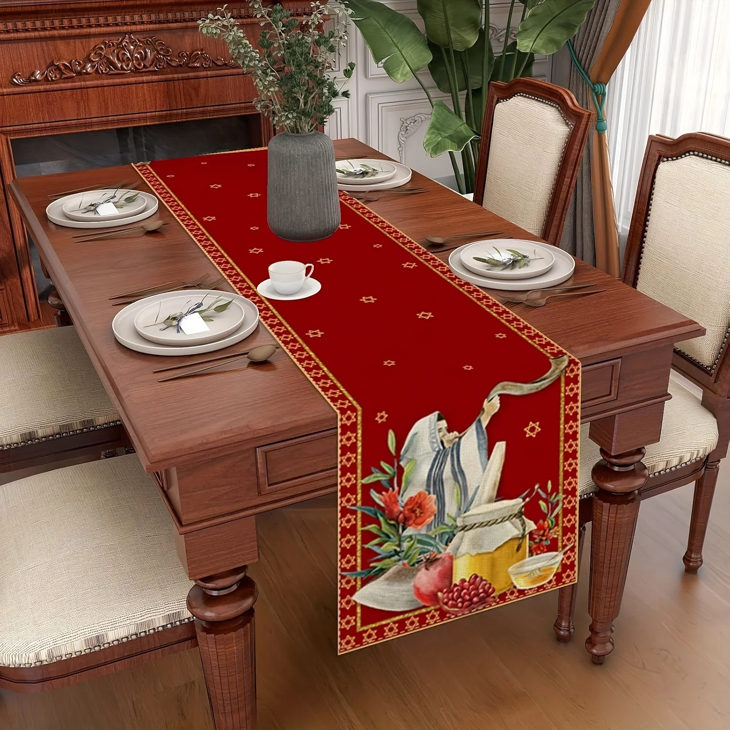 Shana Tova Linen Table Runner Jewish New Year Decorations Rosh Hashanah Honey Pomegranate Table Runners Holiday Home Party Decor