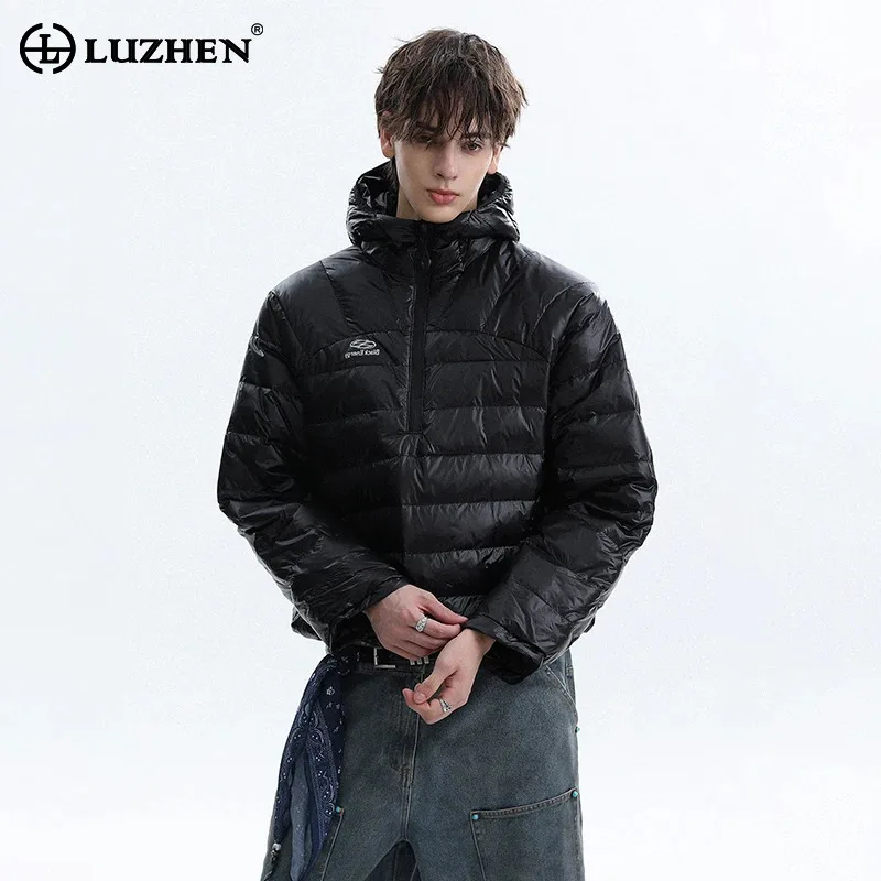 LUZHEN 2026 Winter New Stripe Embossed Hooded Padded Pullover Men's Fashion High Quality Solid Color Handsome Bread Parka JY9360