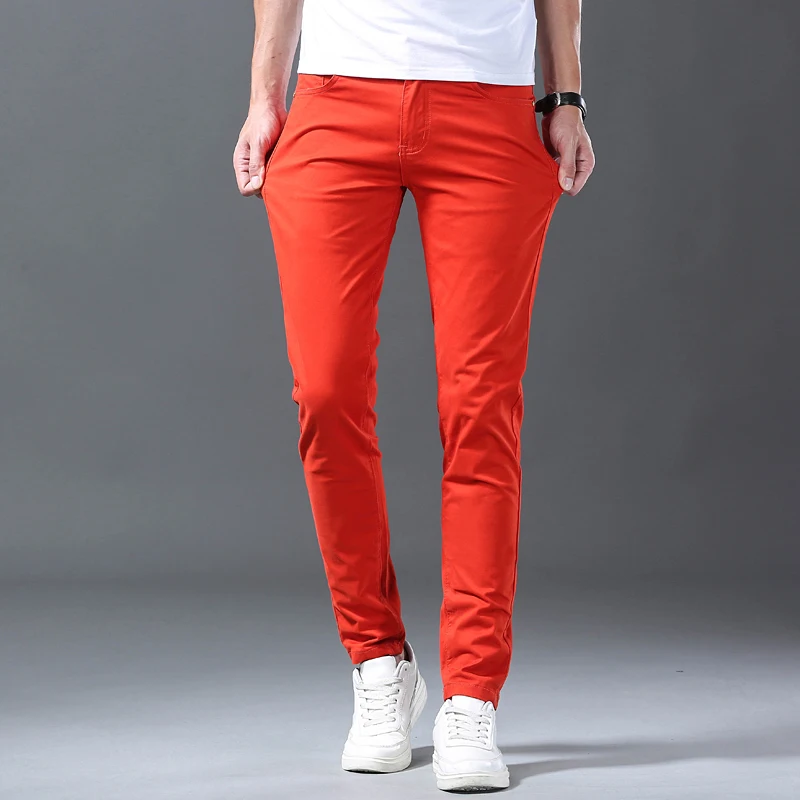 

Летние тонкие оранжевые джинсы для мужчин: модные, облегающие, повседневные, с высокой эластичностью, износостойкие, со средней посадкой, на молнии