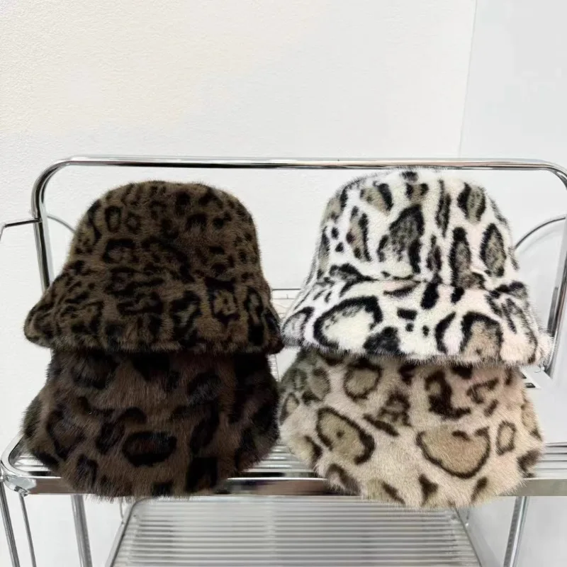 Warmer Outdoor-Eimerhut mit Leopardenmuster, mehrfarbige lässige Kopfbedeckung für Damen, geeignet für Herbst/Winter Outdoor-Winter-Outfits