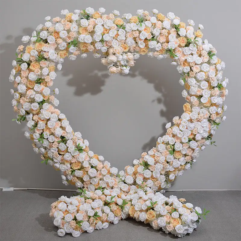 

3D custom series White Champagne rose Green leaf artificial mixed flowers Love shaped arch wedding banquet event decoration