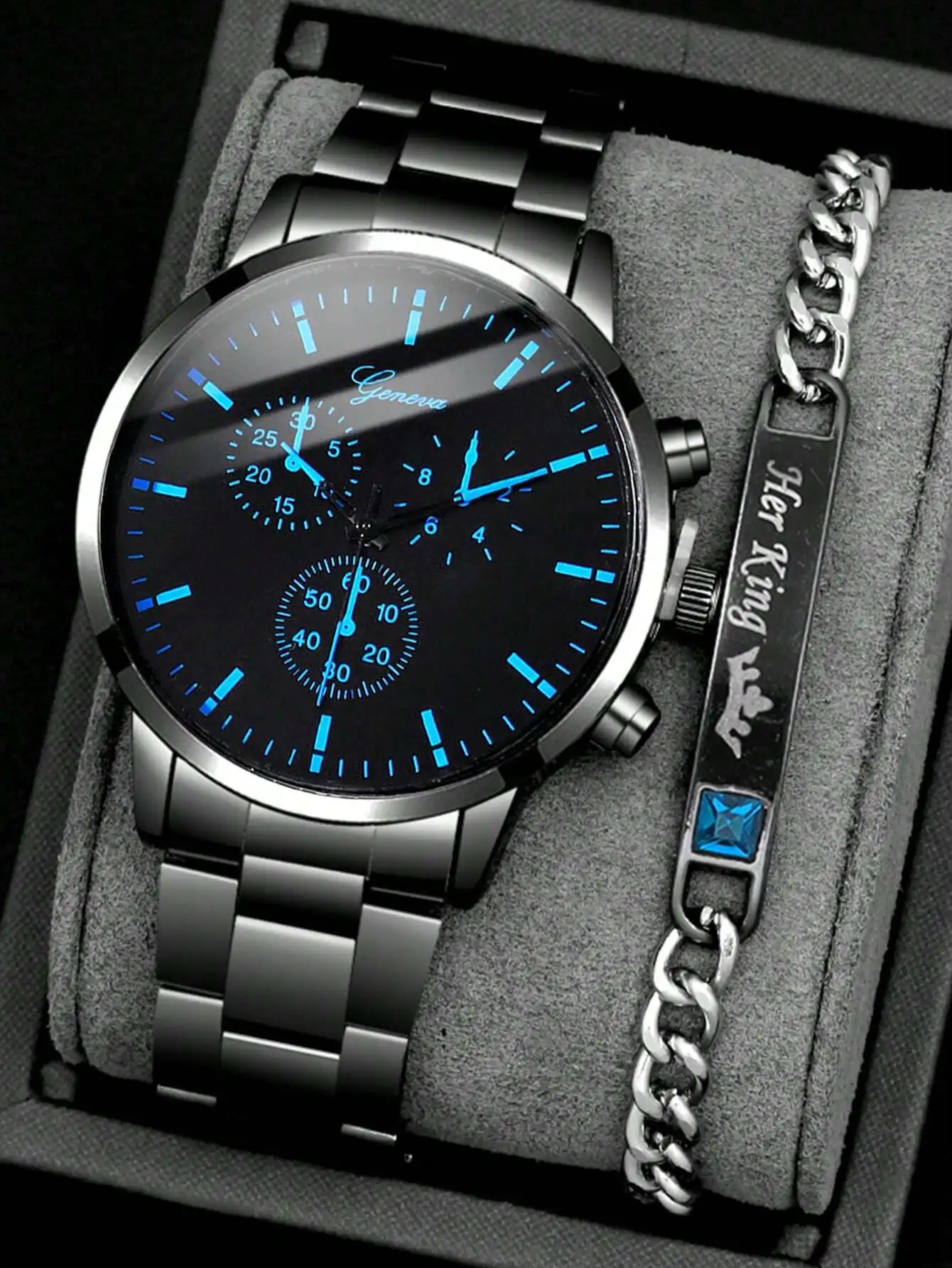 

Подарочный набор: мужские часы-хронограф из черной стали и браслет-цепочка (2 предмета)