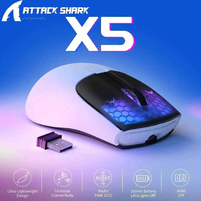 

Новая трехрежимная беспроводная перезаряжаемая игровая мышь ATTACK SHARK X5, легкая 49 г оптический датчик PAW3212, светодиодная сотовая мышь GB