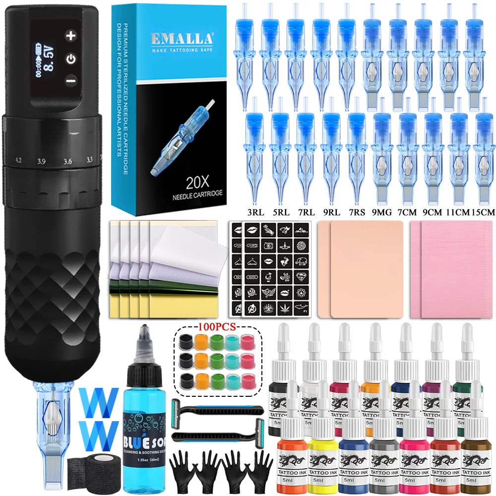 

Complete Wireless Tattoo Machine Pen Kit With EMALLA ELIOT Tattoo Cartridge Needle Rotary Tattoo Machine Set for Beginner Set