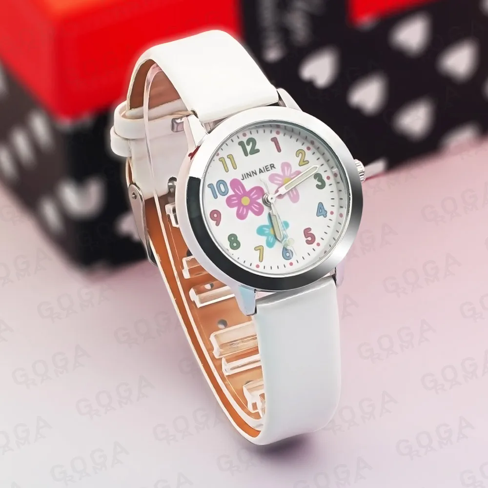 Montre à quartz en cuir à motif de fleurs pour enfants, rose, rouge, blanc, garçons, filles, horloge, cadeau de nouvel an, nouveau