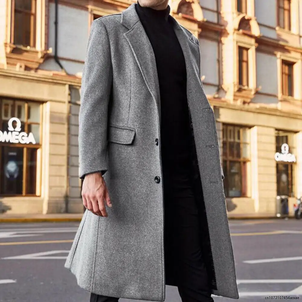 Długi trencz odzież wierzchnia kurtki zimowe jednolity kolor, długi rękaw wełniany męski płaszcz Streetwear elegancki płaszcz jesienno-kurtka męska polar