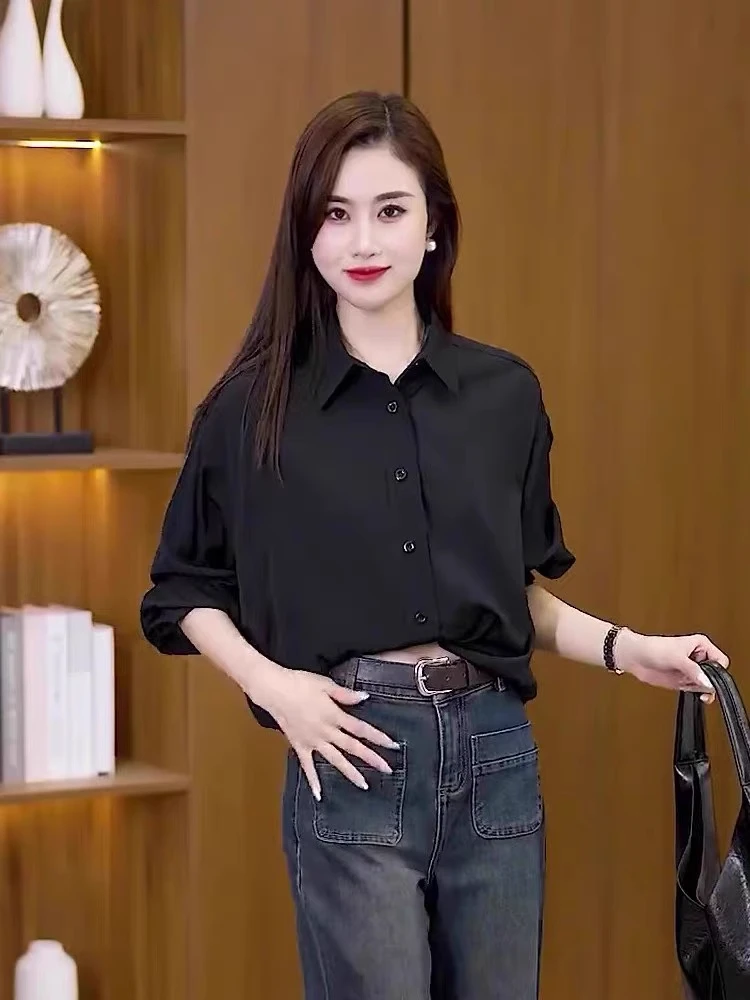 

Женская рубашка с длинным рукавом, свободного кроя, весна-осень, новый стиль, однотонная, стройнящая, модная, универсальная, из полиэфирного волокна, на пуговицах