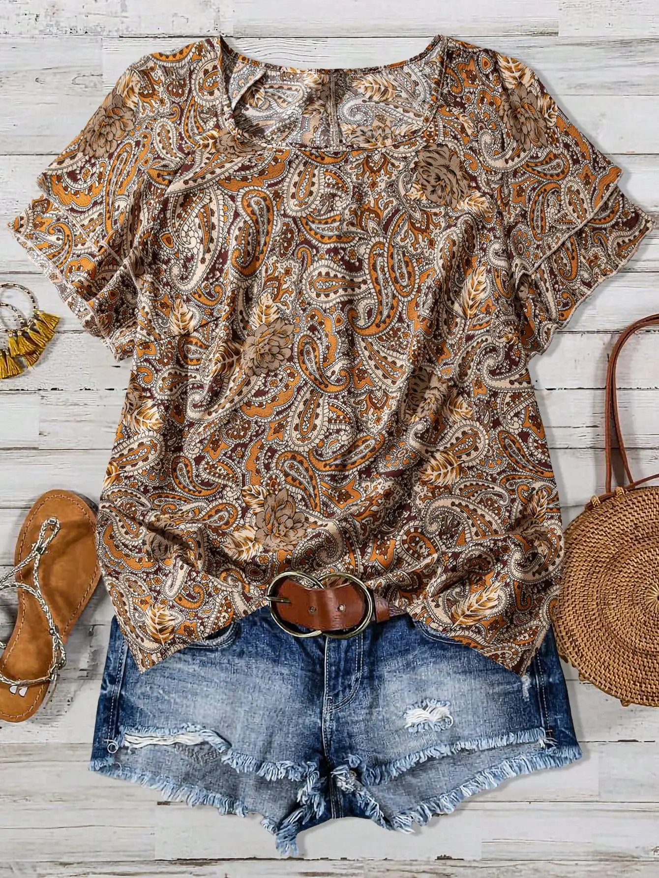 

Women Casual Floral Print Ruffle Sleeve Shirt Loose Fit For Daily Holiday