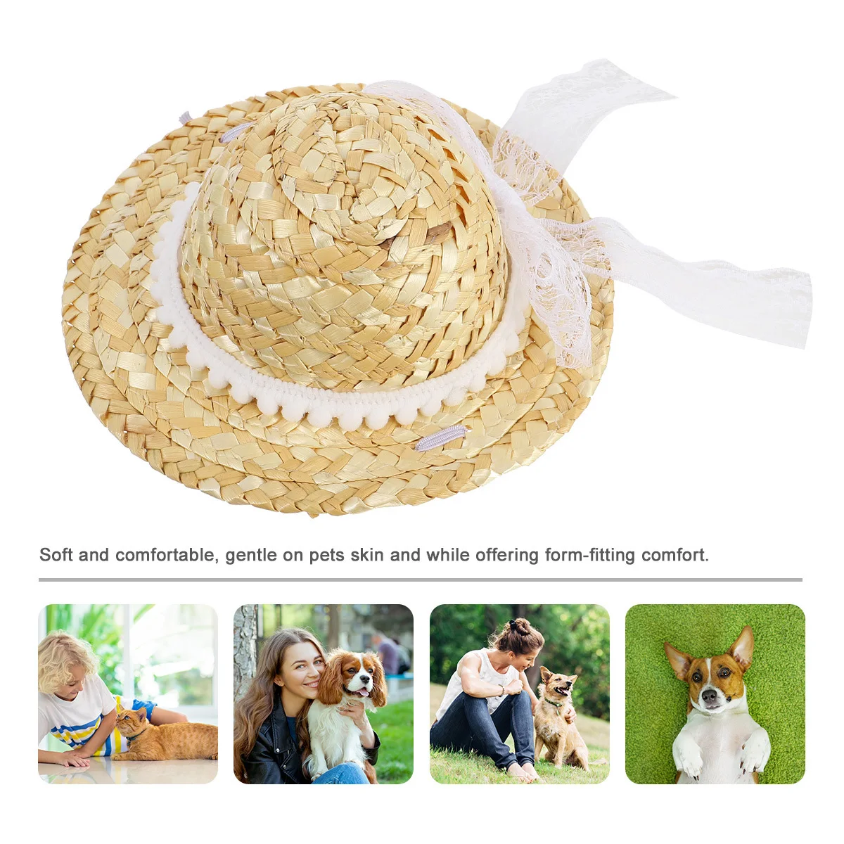 

Pet Straw Hat Soft Comfortable Bowknot Woven Cap Cat Headwear Lovely Photo Prop Daily Wear Pet Hat Straw Woven Cap