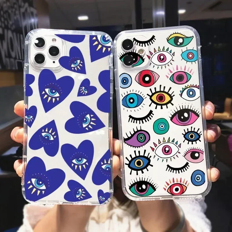 Blue Evil Eyes Clear Phone Case For iPhone 16 15 13 14 12 11 Pro Max Mini XR XS 15 Plus SE Graffiti Shockproof Soft Cover Fundas