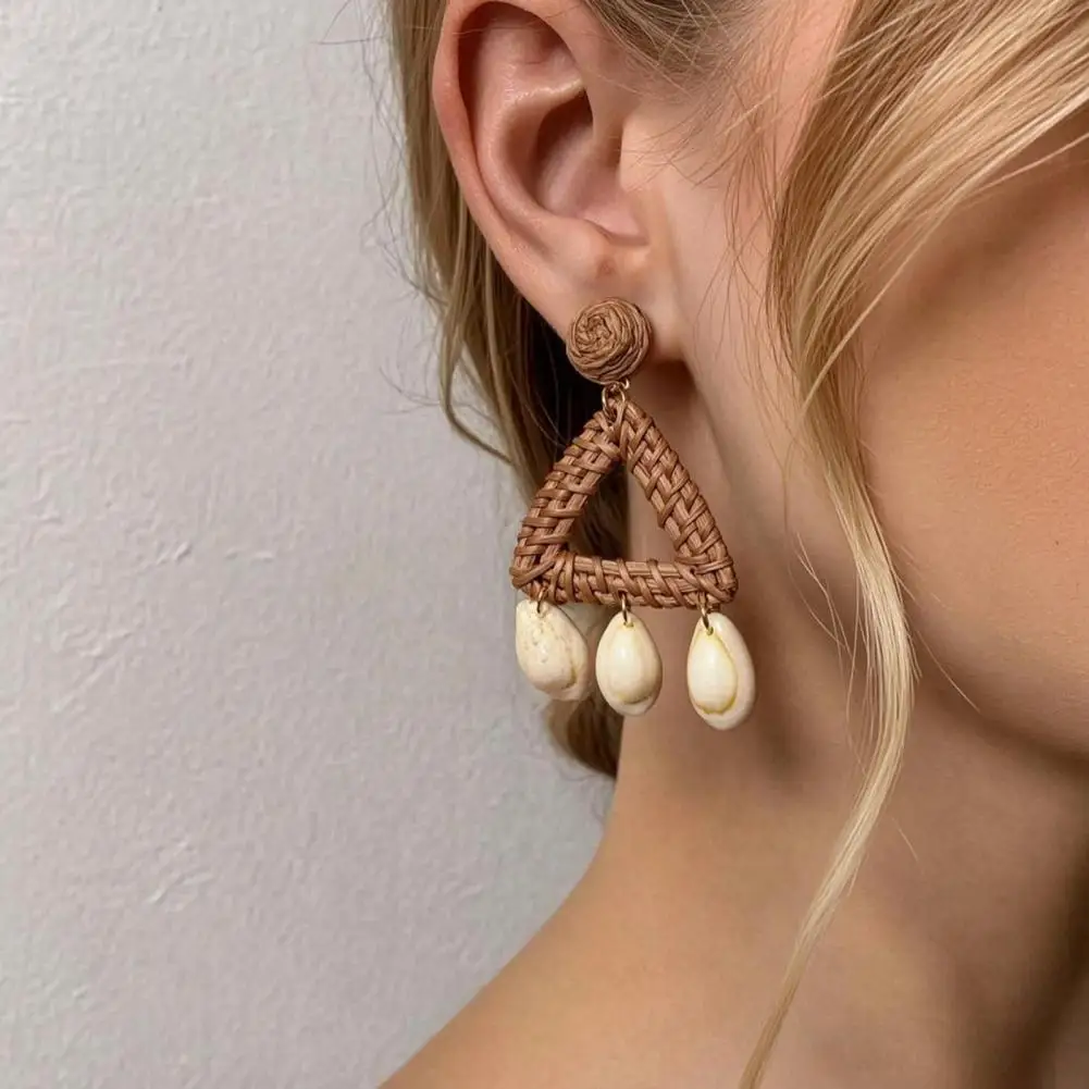 Thin Light Earrings Handmade Raffia Bohemian Dangle Earrings Wicker Rattan Triangle Drop Jewelry Summer Beach for Women