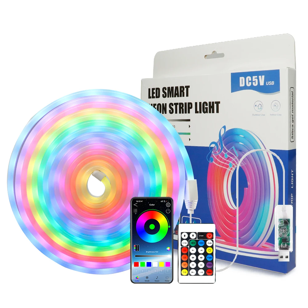 

DC5V USB WS2812 RGBIC Неоновая светодиодная лента 5M Водонепроницаемая неоновая лента с приложением Bluetooth и пультом дистанционного управления для DIY Neon Home Decor