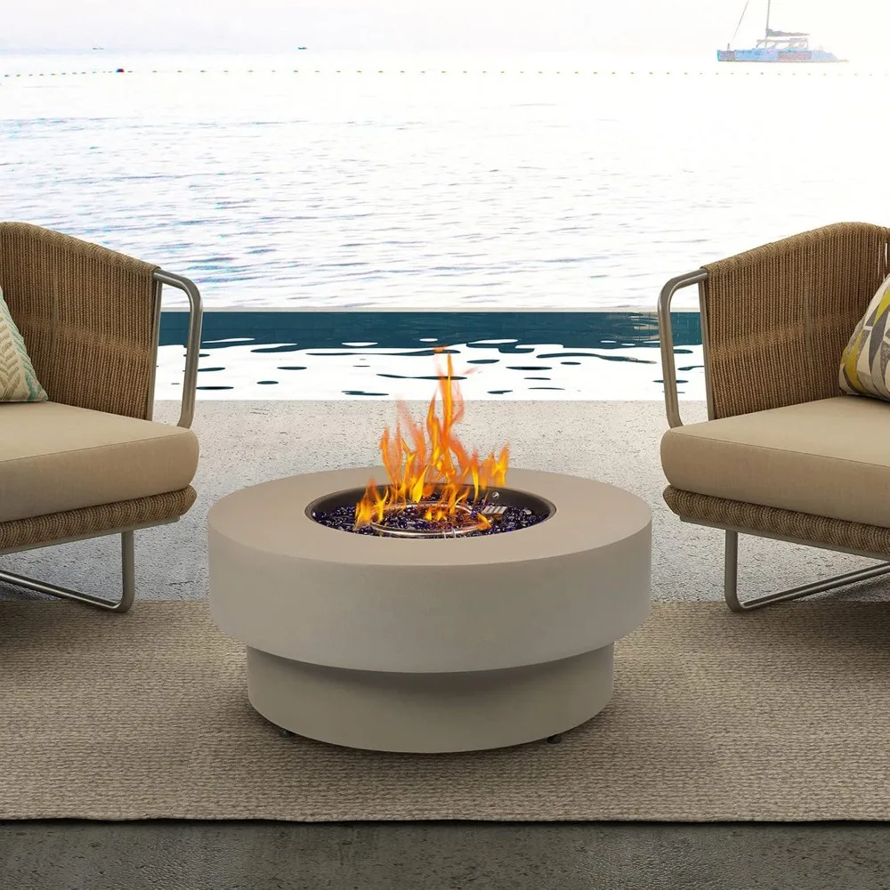 

Fire Pit Table, Flint & Concrete Look 33-inch Round Patio Gas Fire Table 50,000 BTU w/Lid, Fire Glass, Heavy Duty Rain Cover