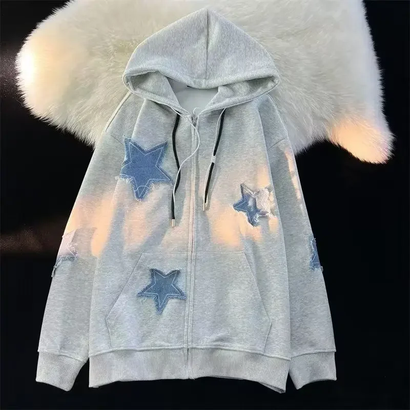 

Streetwear Hoodies Women Star Print Fashion Oversized Outwear Harajuku Casual Hooded Zipper Sweatshirt Jacket Korean Y2k Tops