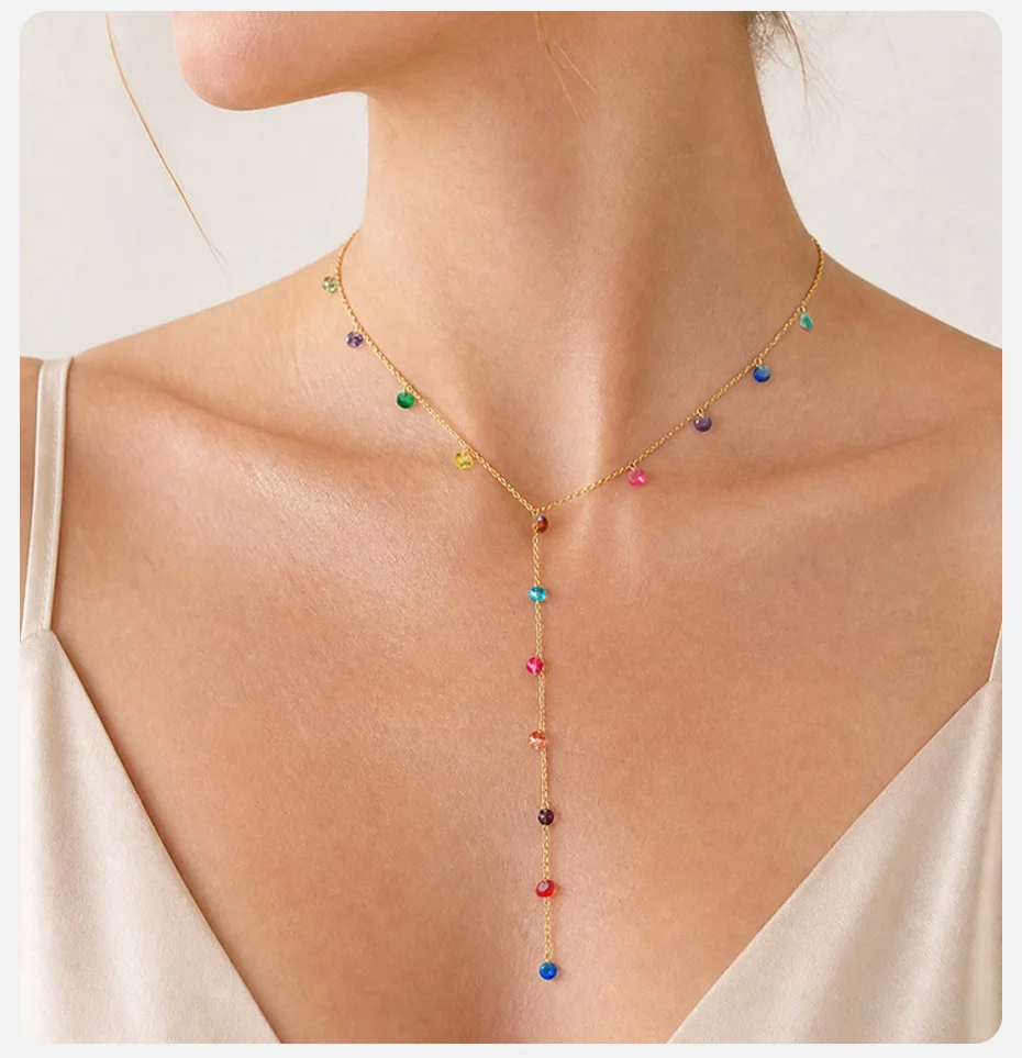 Vnox Süße Vergoldete Bunte Zirkonia-Halskette für Damen, Edelstahl Y-Form Lange Quaste Zierliche Lariat-Schmuckstücke für Partys – Detail 3