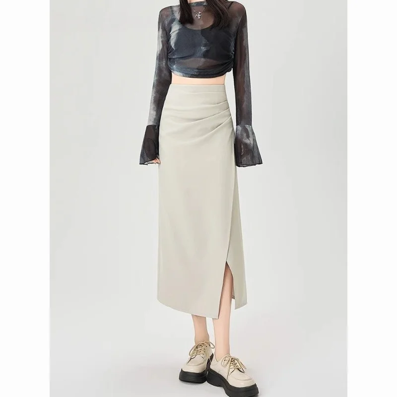 

Женская длинная юбка макси свободного кроя с высокой талией, бежевого цвета, с боковым разрезом, повседневная, модная