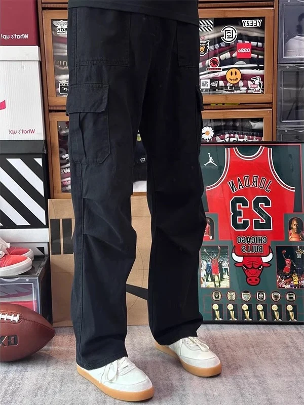 

Простые черные рабочие брюки American High Street, мужские модные брендовые брюки прямого кроя с широкими штанинами, весенне-осенние брюки с несколькими карманами