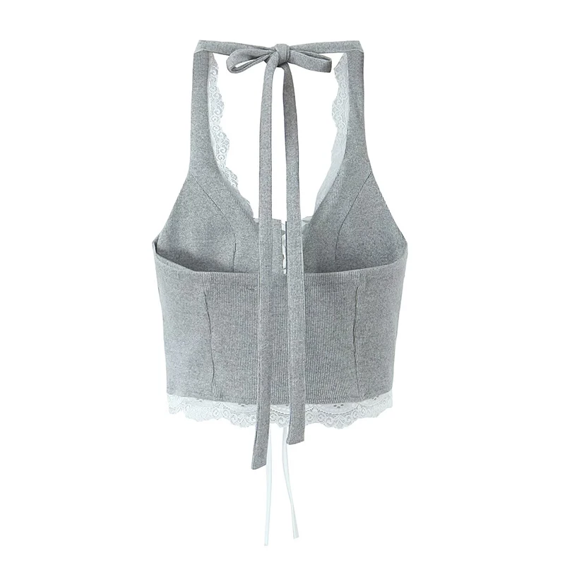 YENKYE White Lace Patchwork Gray Knit Halter Top For Women Front Lacing Up Bandage Sexy Backless Summer Crop Top