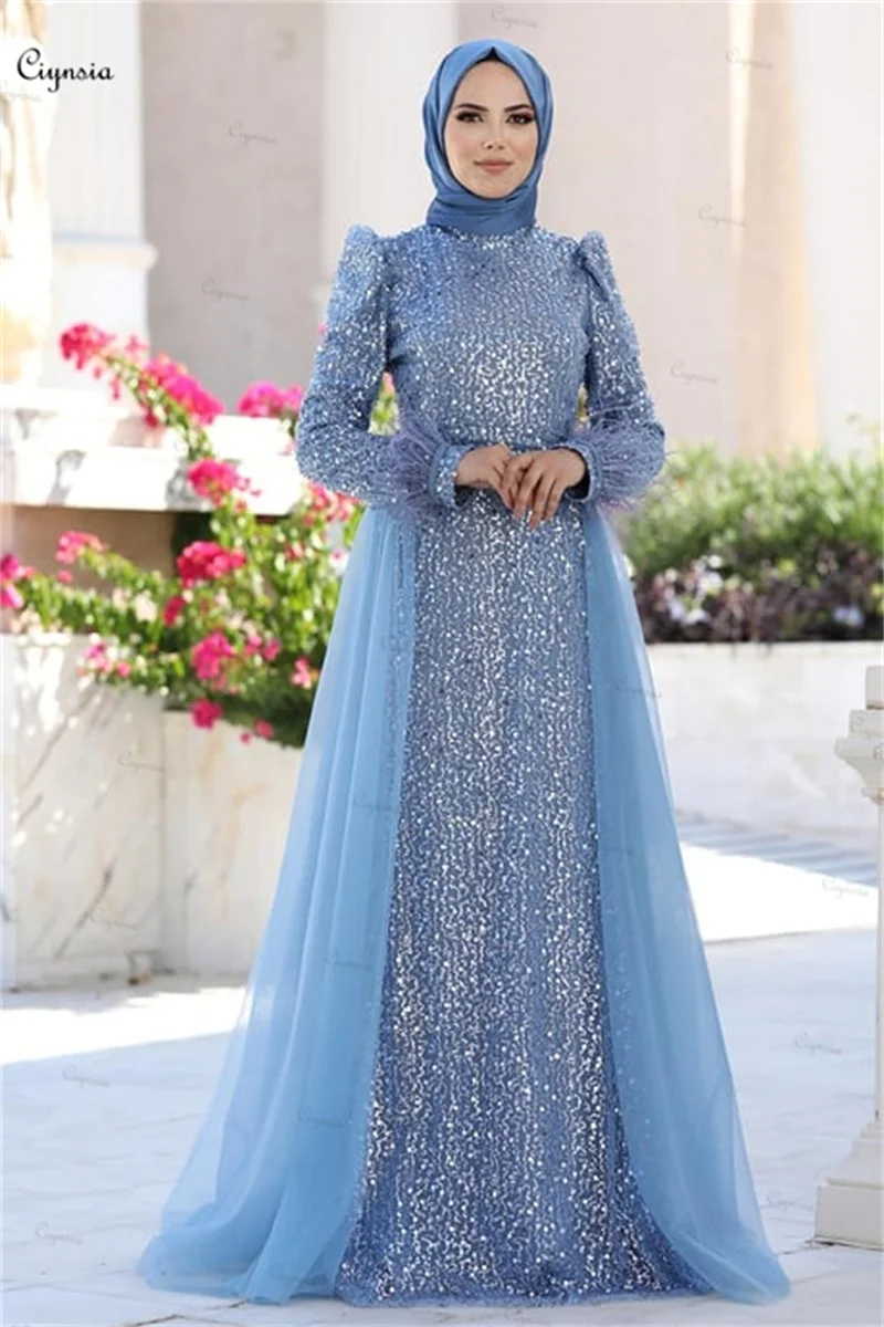 Ciynsia Luxury Glitter Sequin Beading Formal Dress Long Sleeve Muslim Evening Gown Islamic Hijab Arabic Kaftan Robes De Soirée