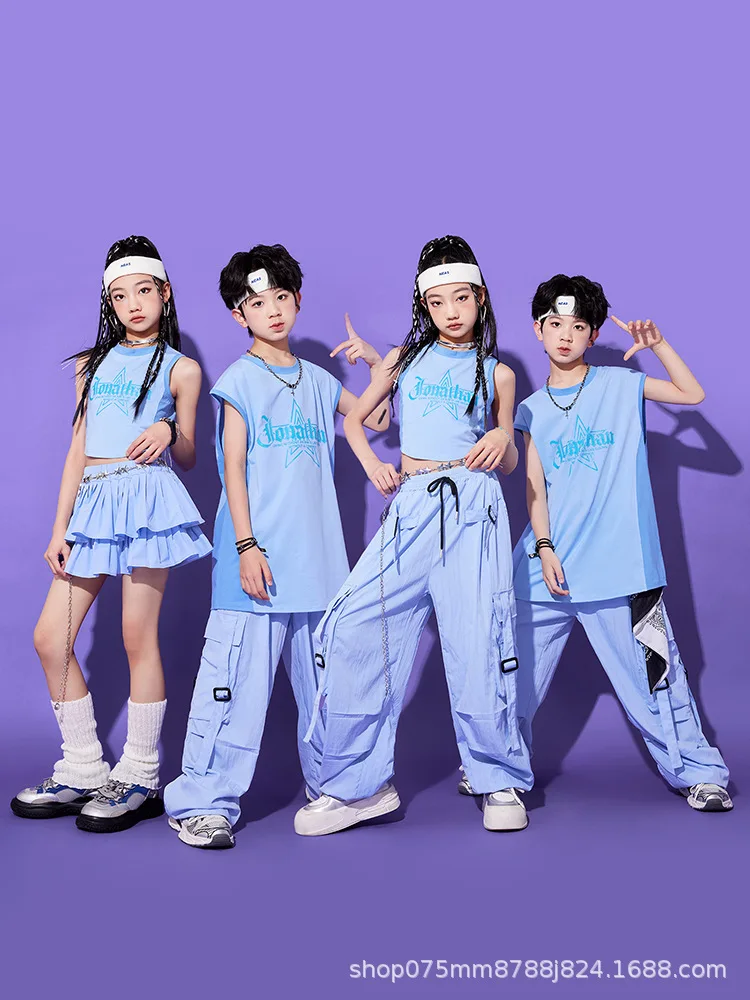 Summer Kids Hip Hop Clothing Boys Girls Jazz Cheerlead Dance Crop Tops Skirt Cargo Pants Blue Sets Children Concert Team Wear