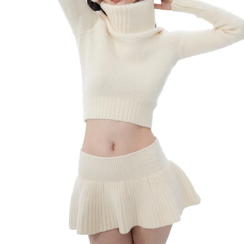 2023 Autumn Retro High Collar Full Sleeve Crop Turtleneck Sweater Pullovers Knitted Ruched Hem Low Waist Skirt 2 pieces 1 set