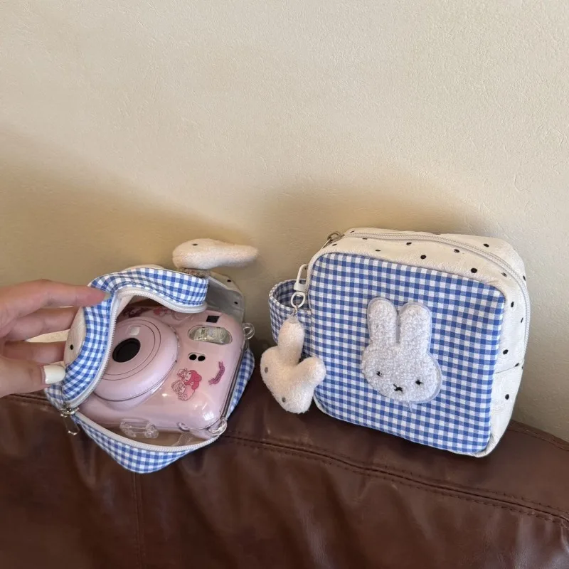 

New Kawaii Miffy Cartoon Rabbit Head Camera Storage Bag High Beauty Blue Grid Dot Splicing Makeup Storage Bag Girl Gift