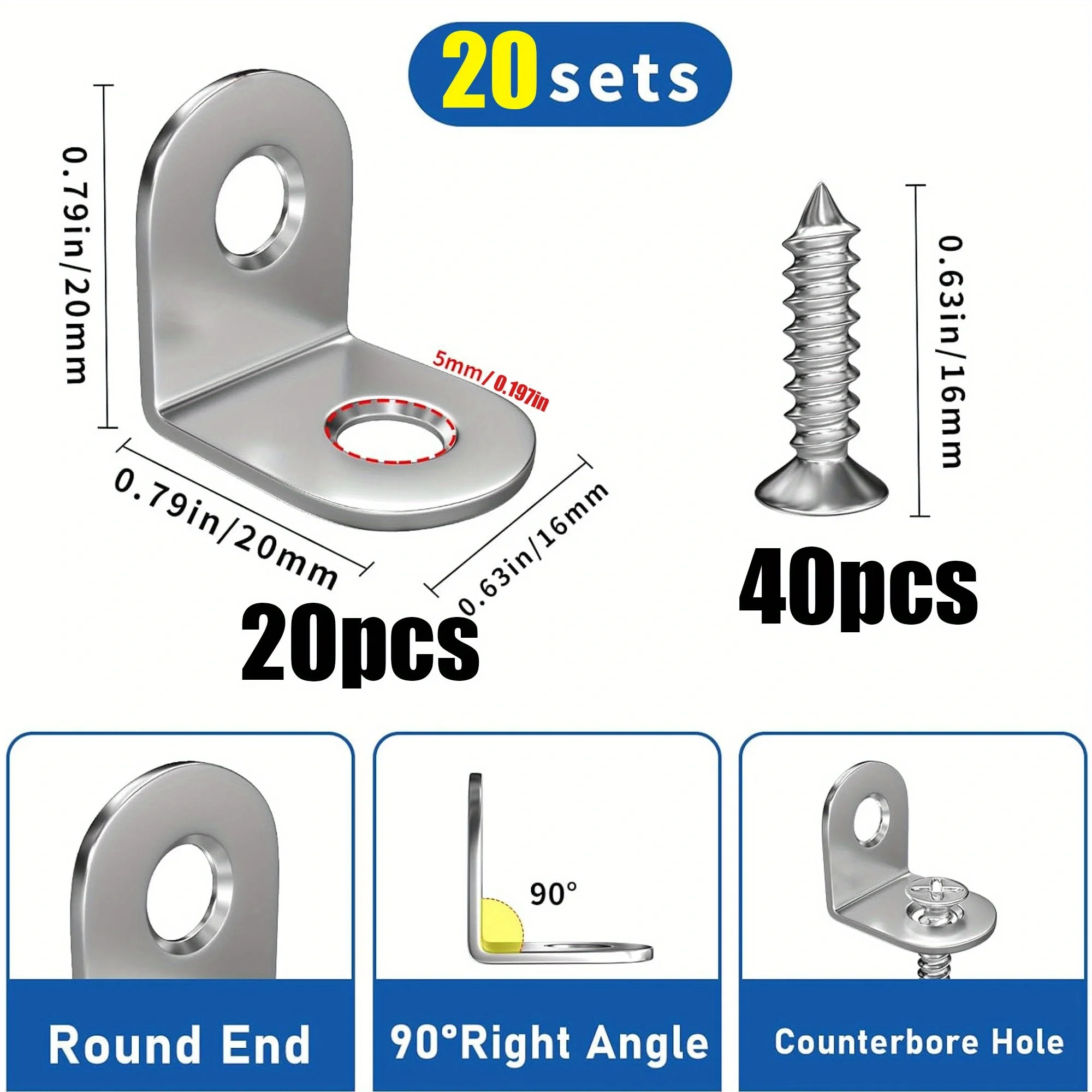 20 Sets L-Shaped Corner Brace Metal Corner Brace 90-Degree Angle Stainless Steel Bracket with Screws for Fixing Wooden Frames, E