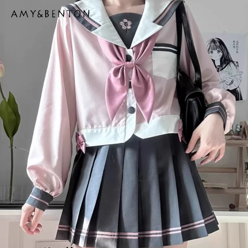 

2024 New Japanese Summer JK Uniform Sailor Suit Preppy Style Gray Pink Color Matching Short Sleeved Top Skirt Basic Sets Women