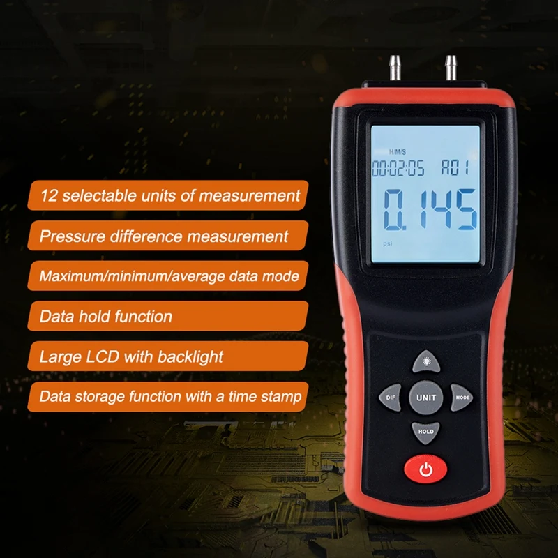 HOT SALE Digital Manometer 2.4 Inch LCD High Precision Dual-Port Manometer ±2Psi Differential Air Pressure Tester With 12 Units