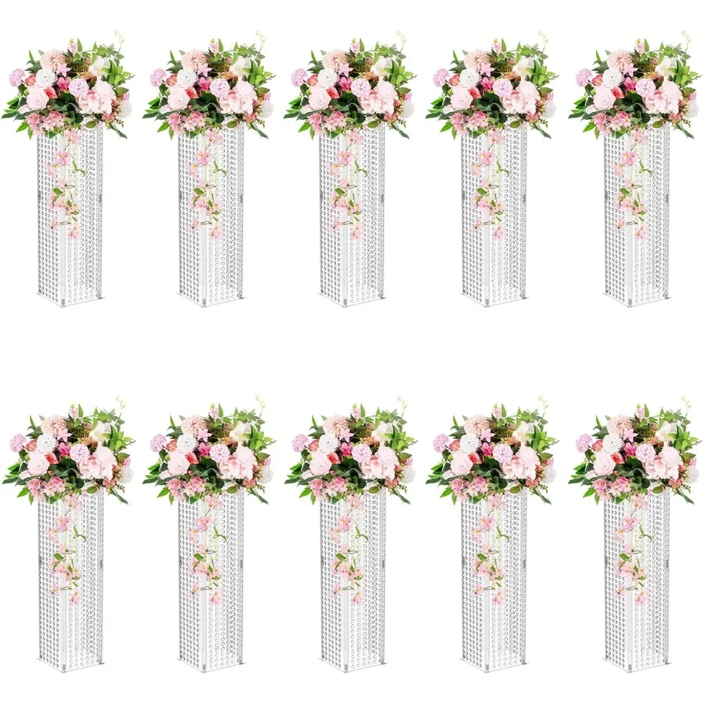 Transparent Acrylic High Vase Decoration -10 Acrylic Columns with Pendant Light Crystals, Embedded with 31.5-inch Vase Holder