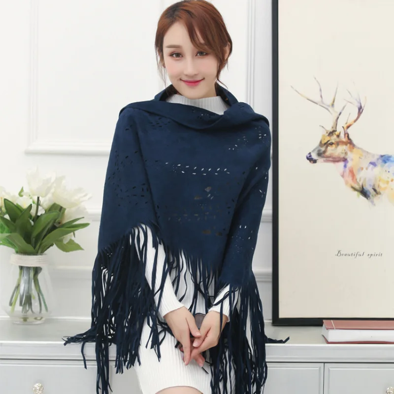 

2025 NEW Womens Suede Tassel Scarf Hollowed Out Triangular Shawl